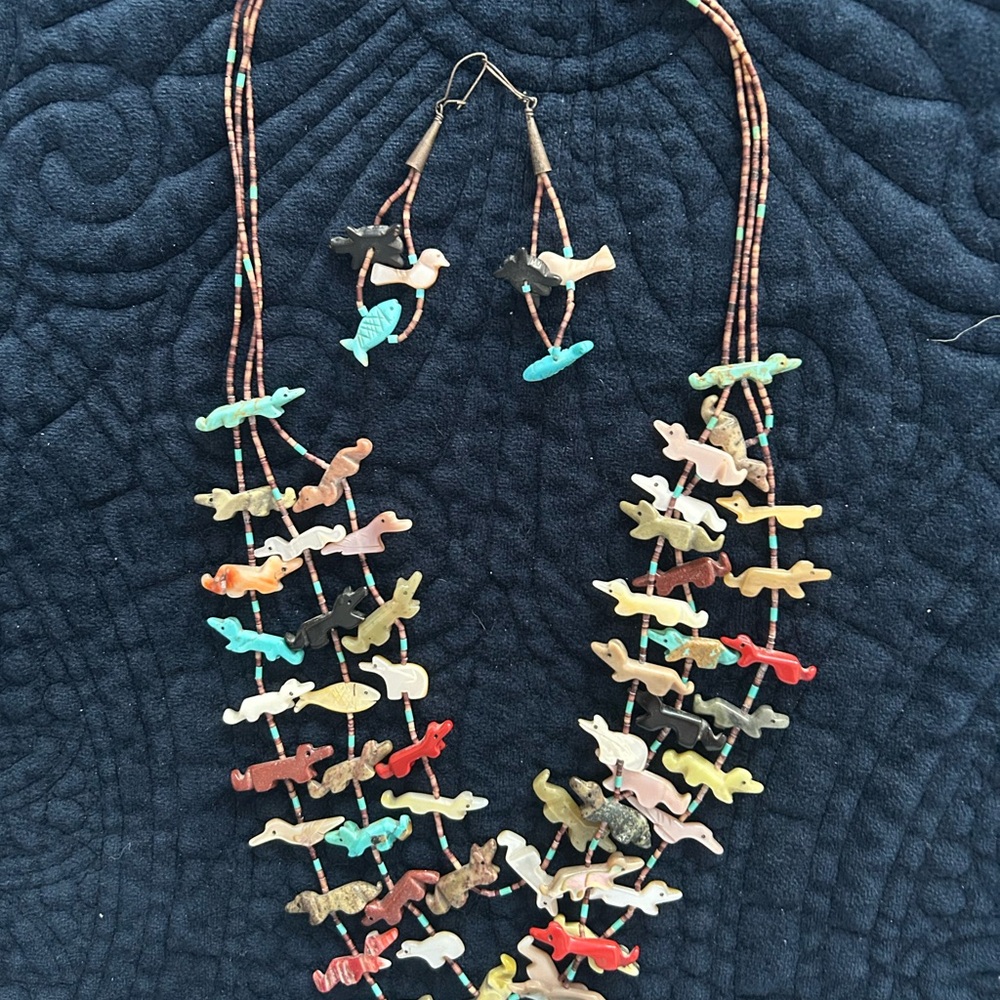 Vintage Heishi 3 strand Multi-Color Stone/shell Bird Cluster Necklace - Picture 2 of 8